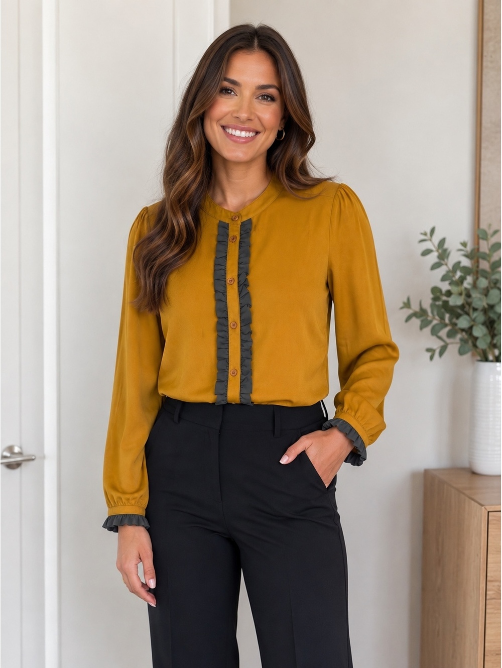 Tulip B Mustard Yellow Button-Up Blouse with Black Ruffle Trim Size S